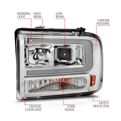 ANZO 99-04 Ford F250/F350/F450/Excursion (excl 99) Projector Headlights - w/Light Bar Chrome Housing 111552 111552 Photo - Unmounted