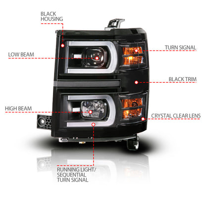 ANZO 14-15 Chevy Silverado 1500 Black Dual Switchback+Sequential LED Tube Sq. Projector Headlights 111617 111617 Photo - Unmounted