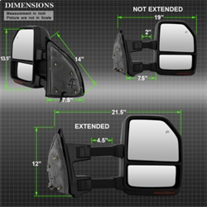 SPYDER xTune 99-07 Ford SuperDuty Heated LED Telescoping Pwr Mirrors-Smk (Pair) (MIR-FDSD99S-G4-PW-RSM-SET) 9943157 9943157 Technical Drawing