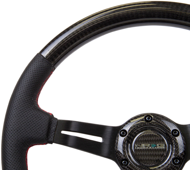 NRG Carbon Fiber Steering Wheel (350mm /1.5in. Deep) Leather Trim w/Red Stitch & Slit Cutout Spokes ST-010CFRS ST-010CFRS Photo - Primary