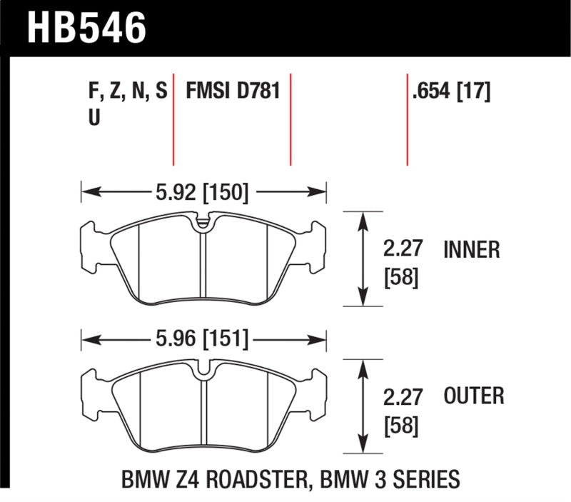 Hawk 08 BMW Z4 3.0L HPS 5.0 Front Brake Pads HB546B.654 HB546B.654 Photo - Primary