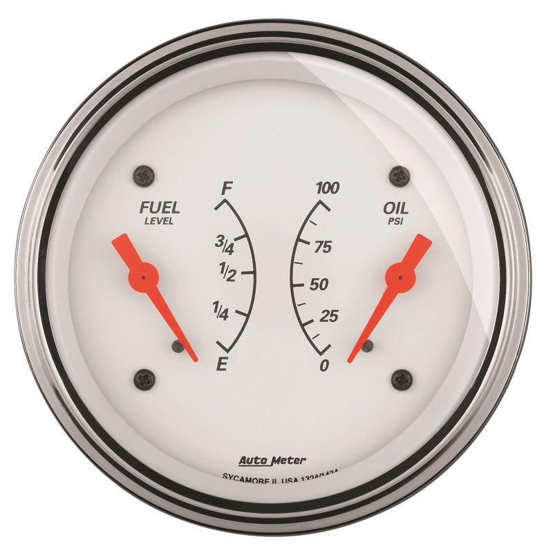 AutoMeter Gauge Dual Fuel & Oilp 3-3/8in. 0 Ohm(e) to 90 Ohm(f)& 100PSI Elec Arctic White 1324 1324 Photo - Primary