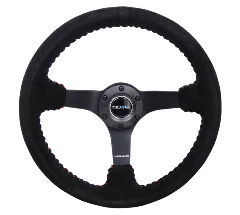 NRG Reinforced Steering Wheel (350mm / 3in. Deep) Blk Suede/Red BBall Stitch w/5mm Matte Blk Spokes RST-036MB-S-RD RST-036MB-S-RD Photo - Primary