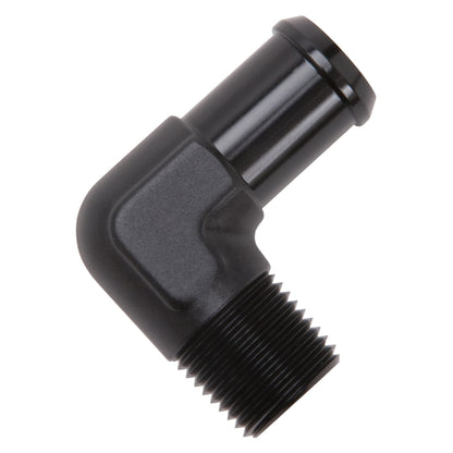 Edelbrock Hose End, 90-Degree, 1/2" NPT TO 3/4" Barb, Black Anodize 8165 Photo - out of package