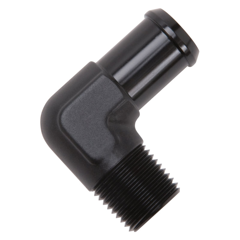 Edelbrock Hose End, 90-Degree, 1/2" NPT TO 3/4" Barb, Black Anodize 8165 Photo - out of package