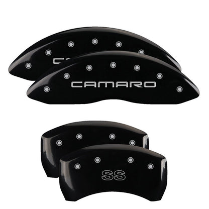 MGP 4 Caliper Covers Engraved Front Gen 4/Camaro Engraved Rear Gen 4/SS Black finish silver ch 14027SCS4BK 14027SCS4BK Photo - Primary