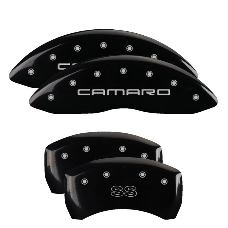 MGP 4 Caliper Covers Engraved Front Gen 4/Camaro Engraved Rear Gen 4/SS Black finish silver ch 14027SCS4BK 14027SCS4BK Photo - Primary