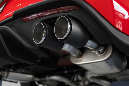 MBRP 18-20 Ford Mustang GT 5.0 w/ Quad Tip Active Exhaust Cat Back Split Rear T304 w/ Carb Fib Tips S72093CF S72093CF Photo - lifestyle view
