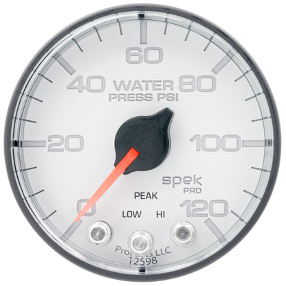 Autometer Gauge, Water Press, 2 1/16", 120Psi, Stepper Motor W/Peak & Warn, Wht P345128 User 1