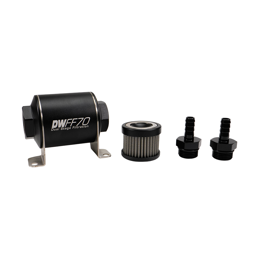 DeatschWerks 3/8 in, 40 micron, 70mm In-line fuel filter kit