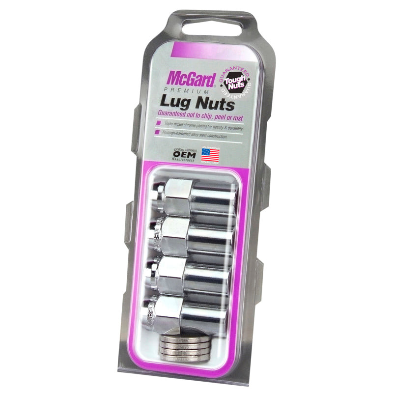 McGard Hex Lug Nut (Long Shank - .946in.) M12X1.5 / 13/16 Hex / 1.85in. Length (4-pack) - Chrome 62002 62002 Photo - in package