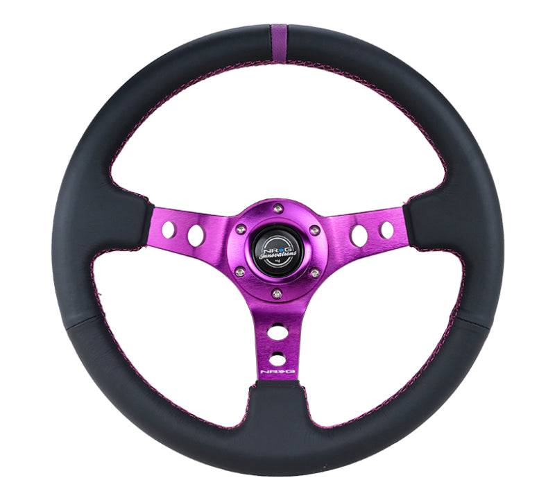 NRG Reinforced Steering Wheel (350mm / 3in. Deep) Black Leather w/Purple Center & Purple Stitching RST-006PP RST-006PP Photo - Primary