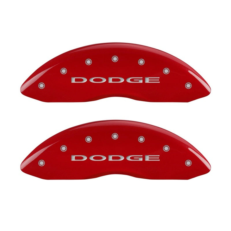 MGP Front set 2 Caliper Covers Engraved Front With out stripes/Dodge Red finish silver ch 12002FDD4RD 12002FDD4RD Photo - Primary