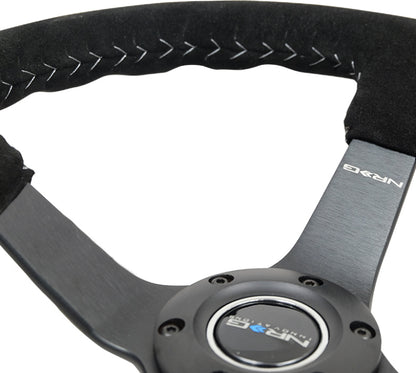 NRG Reinforced Steering Wheel (350mm / 3in. Deep) Blk Suede/Silver BBall Stitch w/5mm Mt. Blk Spokes RST-036MB-S-SL RST-036MB-S-SL Photo - Primary