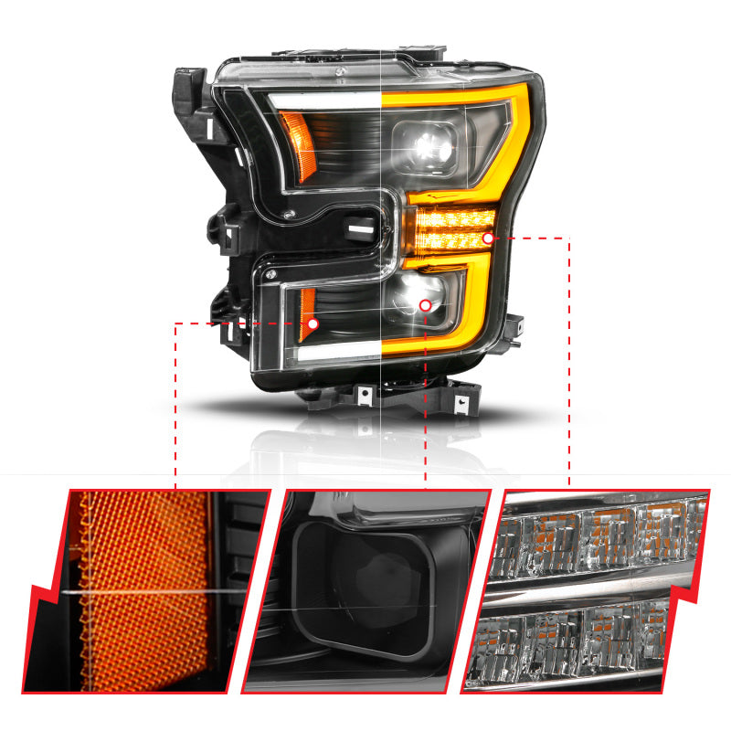 ANZO 15-17 Ford F-150 (Factory Halogen Model ONLY) Full LED Proj Headlights  Init/SeqSig Black- Pair 111630A 111630A User 1