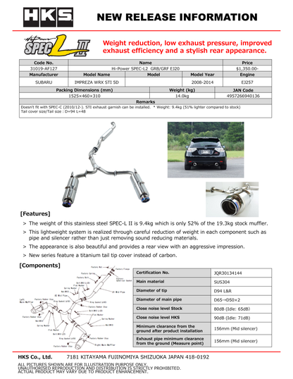 HKS Hi-Power Spec-L2 Grb/Grf Ej20 31019-Af127 31019-AF127 Photo - Primary