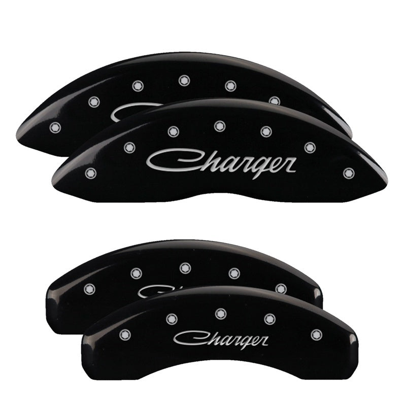 MGP 4 Caliper Covers Engraved Front & Rear Cursive/Charger Black finish silver ch 12088SCHSBK 12088SCHSBK Photo - Primary