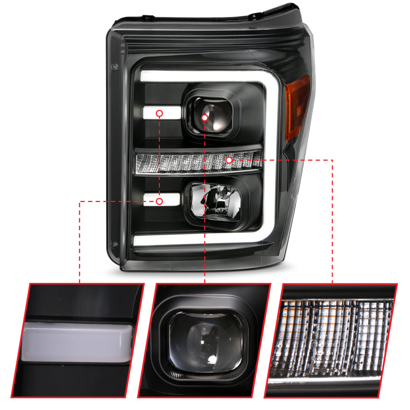 ANZO 2011-2016 Ford F250 Projector Headlights w/ Plank Style Switchback Black w/ Amber 111406 111406 Photo - Unmounted