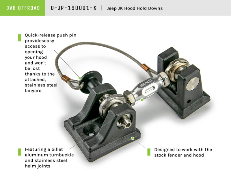 DV8 Offroad 2007-2018 Jeep JK Hood Hold Downs D-JP-190001-K D-JP-190001-K Product Brochure - a specific brochure describing a Product
