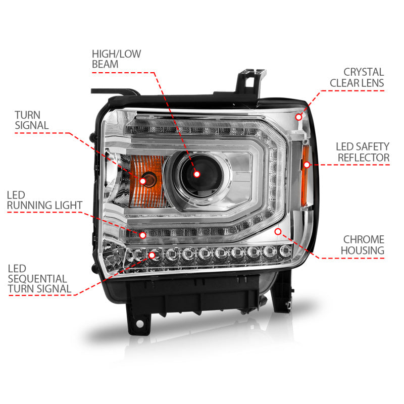 ANZO 2014-2015 Gmc Sierra 1500 Projector Headlights w/ Light Bar Chrome Housing (Halogen Type) 111514 111514 Photo - Unmounted