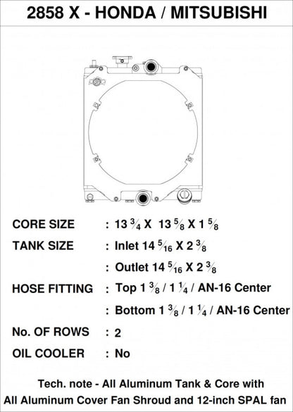 CSF Universal Half Radiator w/ direct fitment for Evo 7/8/9 and 92-00 2858X Technical Drawing