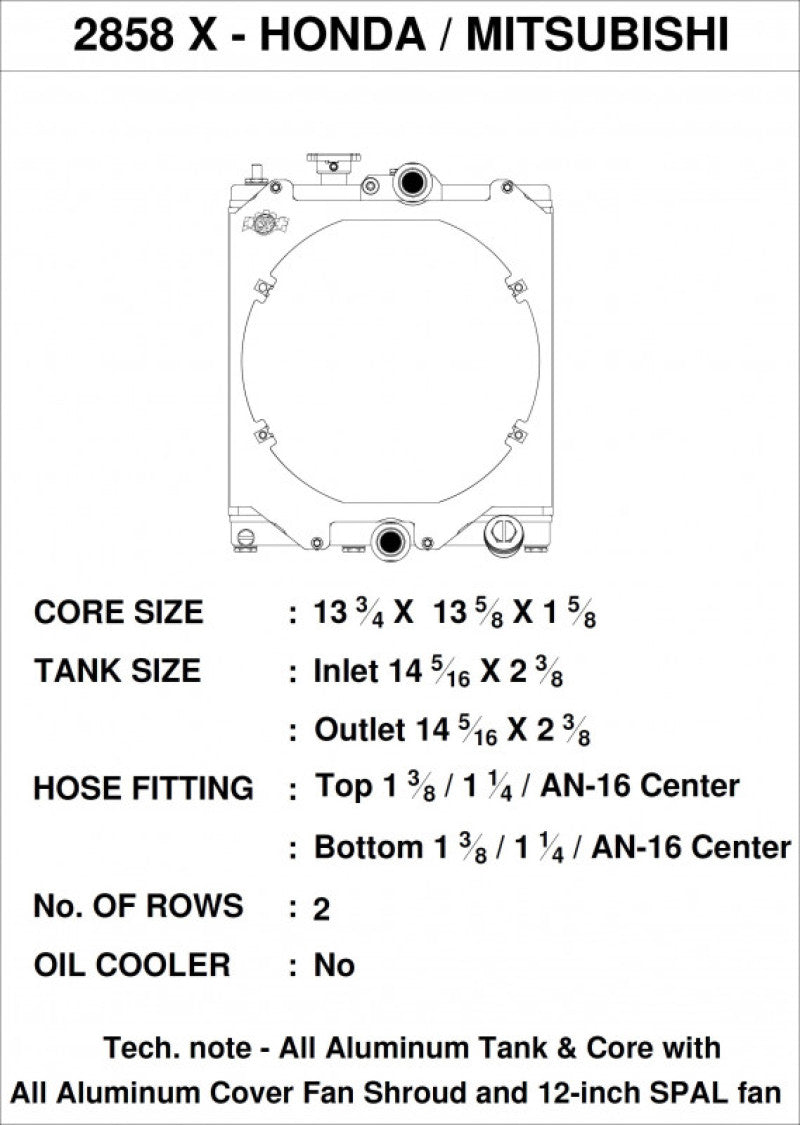 CSF Universal Half Radiator w/ direct fitment for Evo 7/8/9 and 92-00 2858X Technical Drawing