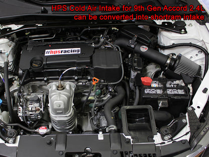 HPS Performance Products Cold Air Intake Kit 2013-2017 Honda Accord 2.4L, Converts to Shortram, Black