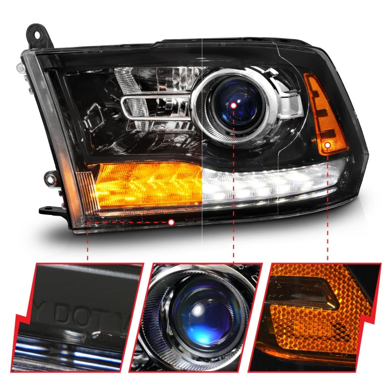 ANZO 09-18 Dodge 1500-3500 LED Plank Style Headlights w/Switchback+Sequential Hyper Black (OE Style) 111608 111608 Photo - Unmounted