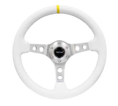 NRG Reinforced Steering Wheel (350mm / 3in. Deep) Wht Leather w/Silver Spoke & Single Yellow Mark RST-006WT-Y RST-006WT-Y Photo - Primary