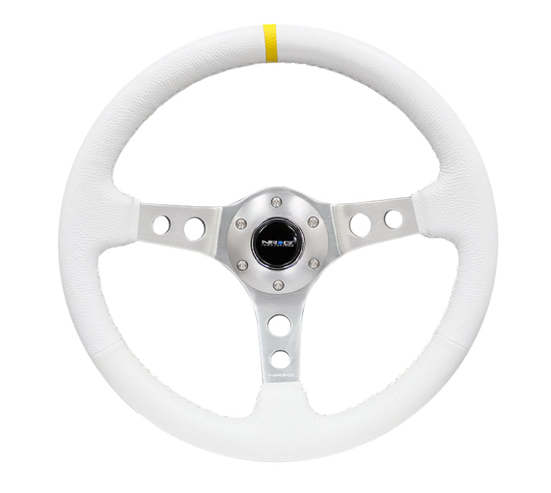 NRG Reinforced Steering Wheel (350mm / 3in. Deep) Wht Leather w/Silver Spoke & Single Yellow Mark RST-006WT-Y RST-006WT-Y Photo - Primary