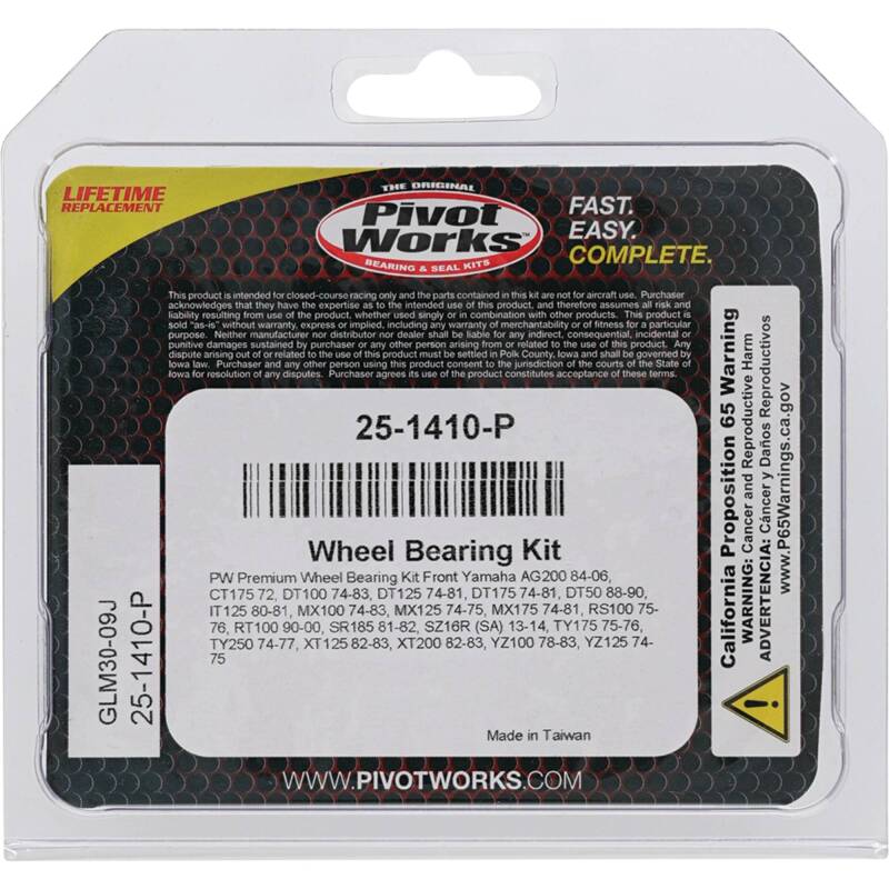 Pivot Works Yamaha Wheel Bearing Kit Premium Bearings 25-1410-P 25-1410-P Photo - Primary