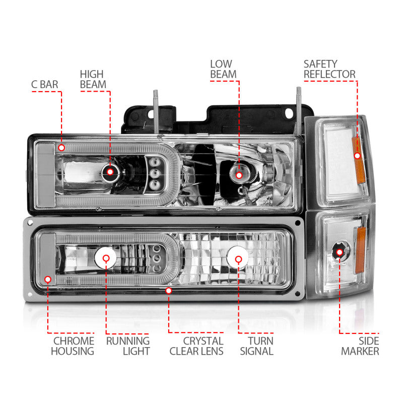 ANZO 88-98 Chevrolet C1500 Crystal Headlights w/Light Bar Chrome Housing w/ Signal Side Markers 8Pcs 111529 111529 User 3