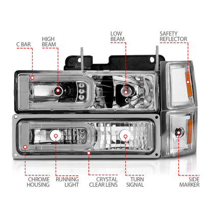 ANZO 88-98 Chevrolet C1500 Crystal Headlights w/Light Bar Chrome Housing w/ Signal Side Markers 8Pcs 111529 111529 User 3