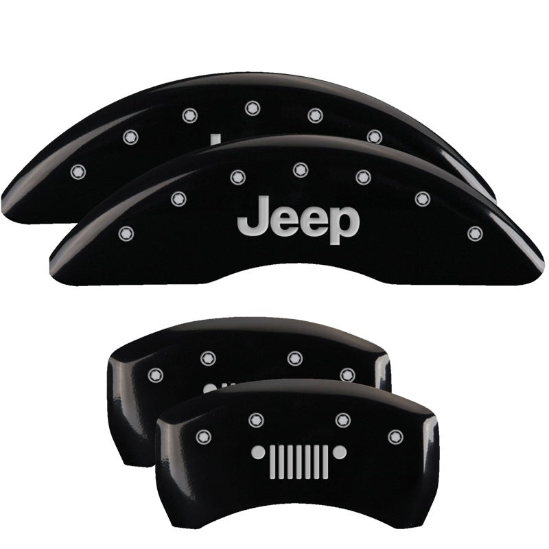 MGP 4 Caliper Covers Engraved Front JEEP Engraved Rear JEEP Grill logo Black finish silver ch 42012SJPLBK 42012SJPLBK Photo - Primary