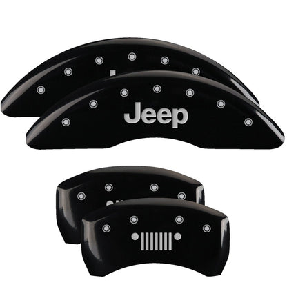 MGP 4 Caliper Covers Engraved Front JEEP Engraved Rear JEEP Grill logo Black finish silver ch 42012SJPLBK 42012SJPLBK Photo - Primary