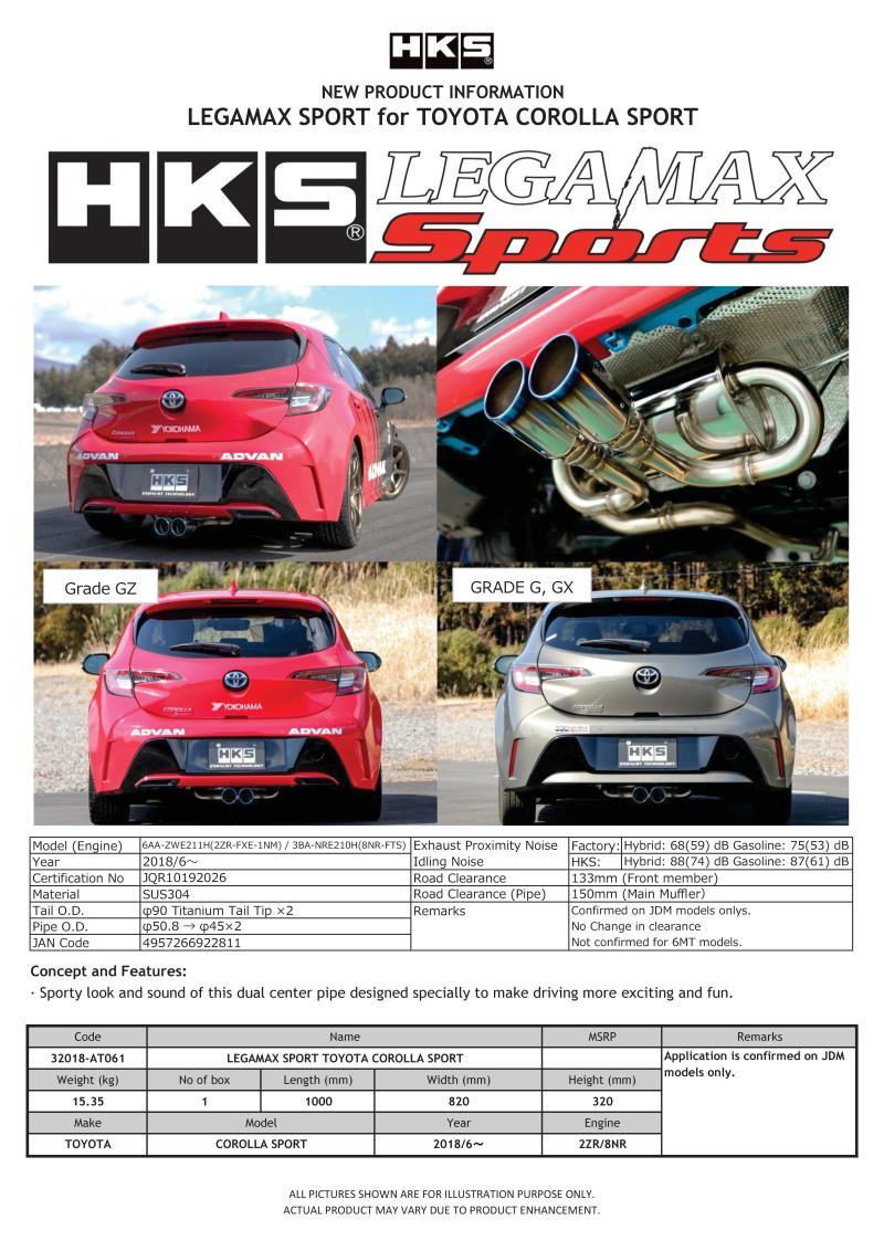 HKS LEGAMAX Sports 2018 Toyota Corolla Sport 2ZR/8NR 32018-AT061 32018-AT061 Photo - Primary
