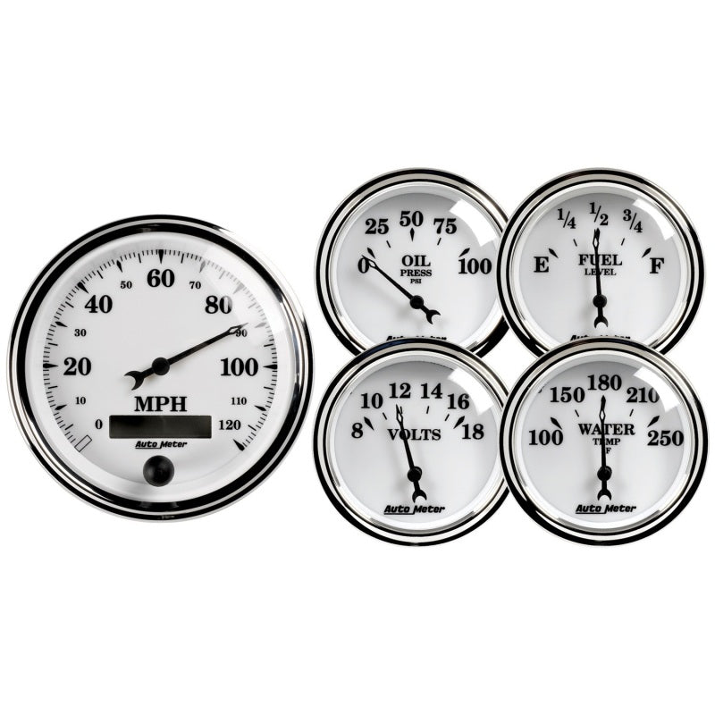 Autometer 5 Pc. Gauge Kit 3-3/8" & 2-1/16" Electric Speedometer, Old Tyme White 1200 Photo - Primary
