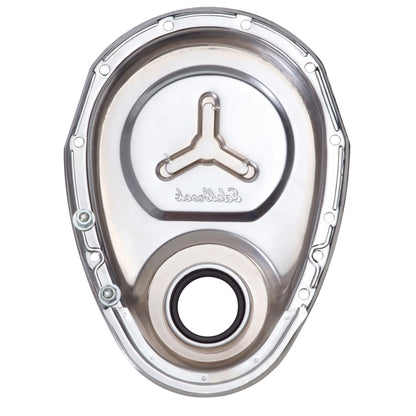 Edelbrock Timing Cover; Sb-Chevy Chrome with Welded Reinforcement Plate 4860 Photo - out of package