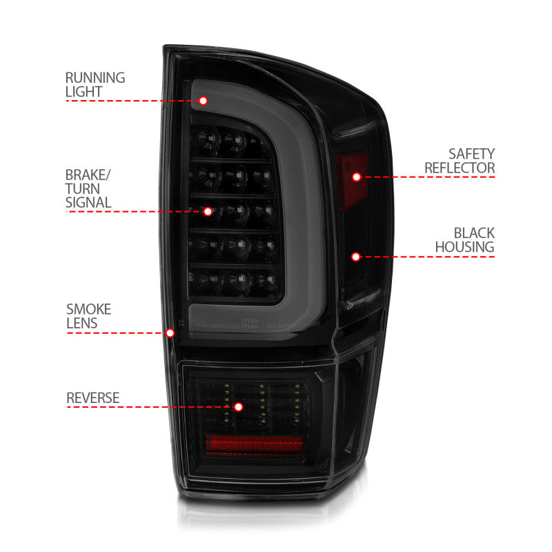 ANZO 16-21 Toyota Tacoma LED Tail Lights - w/ Light Bar Sequential Black Housing & Smoke Lens 311401 311401 Photo - Unmounted