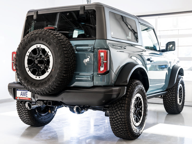 AWE Tuning 2021+ Ford Bronco 0FG Dual Rear Exit Exhaust w/Chrome Silver Tips & Bash Guard 3015-32456 3015-32456 Photo - Mounted