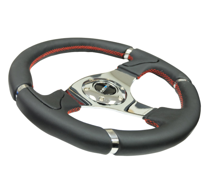 NRG Reinforced Steering Wheel (320mm) Blk Leather/Red Stitching w/Chrome 3-Spoke Center RST-008R RST-008R Photo - Primary