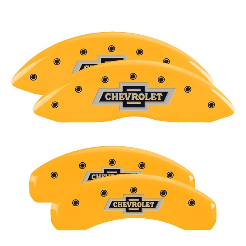MGP 4 Caliper Covers Engraved Front & Rear Chevrolet 100 Anniversary Logo Yellow Finish Black Charac 14005SBANYL 14005SBANYL Photo - Primary