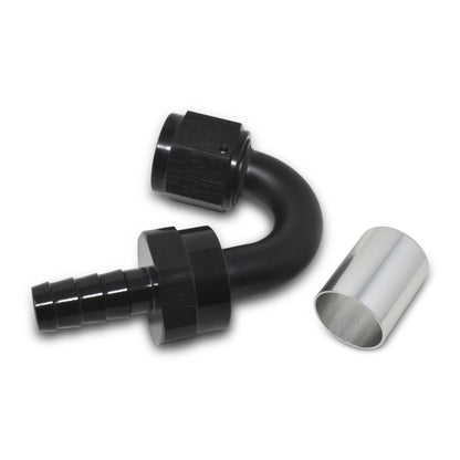 Russell #12 Crimp-on 150° Tight Radius Hose End - Black / Silver 610683 Photo - out of package