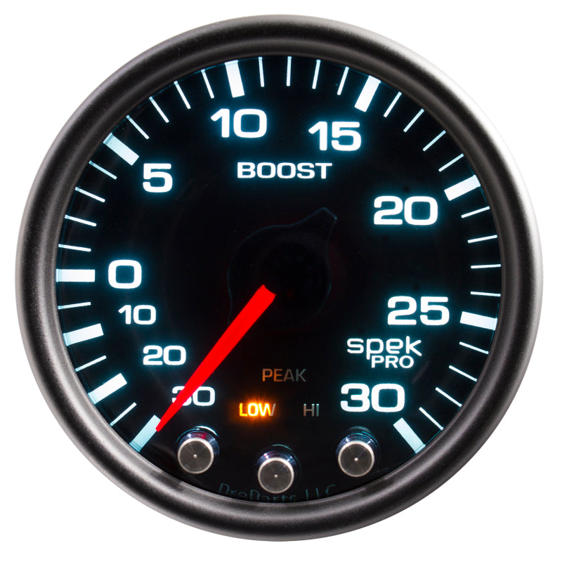 Autometer Spek-Pro Gauge Vac/Boost 2 1/16in 30Inhg-30psi Stepper Motor Peak & Warn Black/Smoke/Black P30252 P30252 User 1