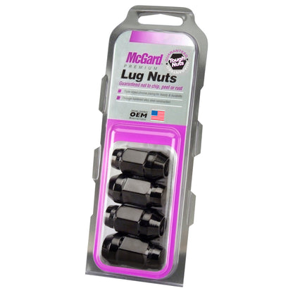 McGard Hex Lug Nut (Cone Seat Bulge Style) M12X1.5 / 3/4 Hex / 1.45in. Length (4-Pack) - Black 64015 64015 Photo - in package