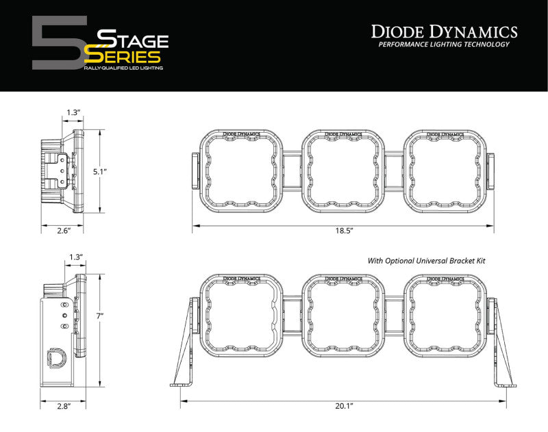 Diode Dynamics SS5 Sport Universal CrossLink 3-Pod Lightbar - Yellow Combo DD6793 DD6793 User 8