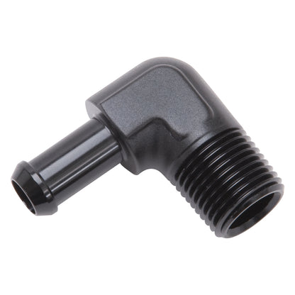 Edelbrock Hose End, 90-deg., 1/2" NPT to 3/8" Barb, Black Anodize 8169 Photo - out of package