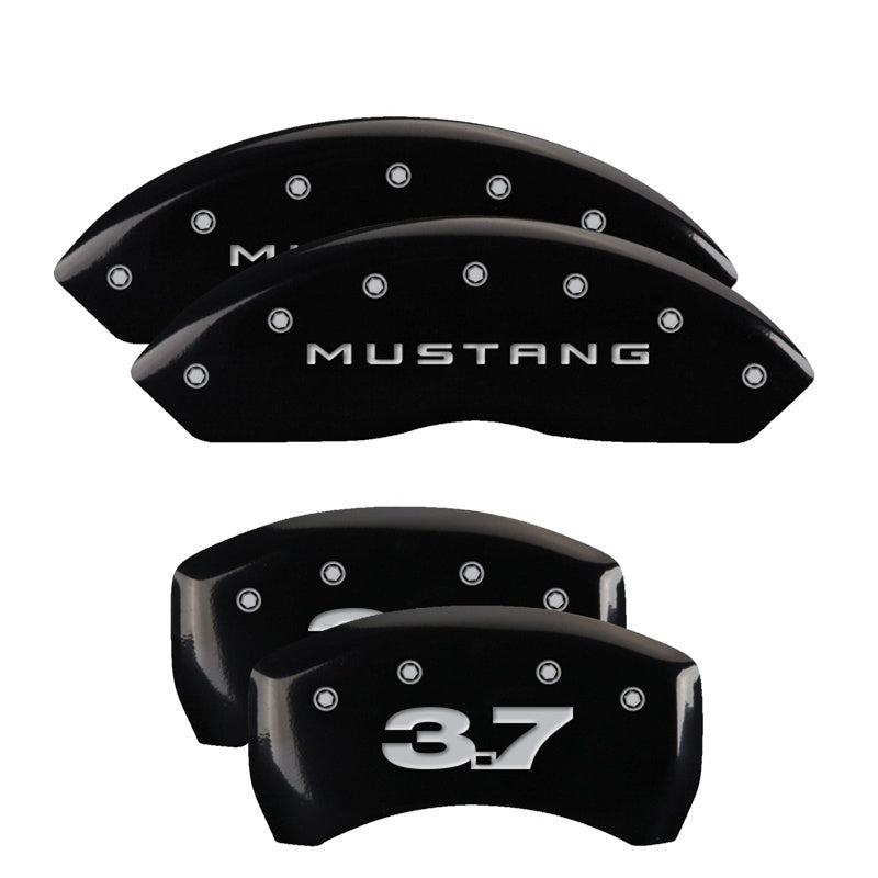 MGP 4 Caliper Covers Engraved Front Mustang Engraved Rear 37 Black finish silver ch 10198SM37BK 10198SM37BK Photo - Primary
