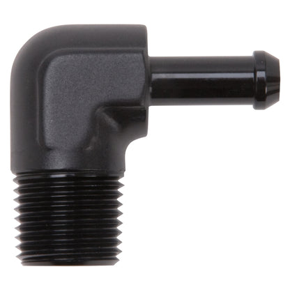Edelbrock Hose End, 90-deg., 1/2" NPT to 3/8" Barb, Black Anodize 8169 Photo - out of package