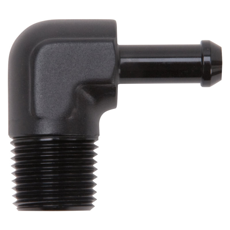 Edelbrock Hose End, 90-deg., 1/2" NPT to 3/8" Barb, Black Anodize 8169 Photo - out of package